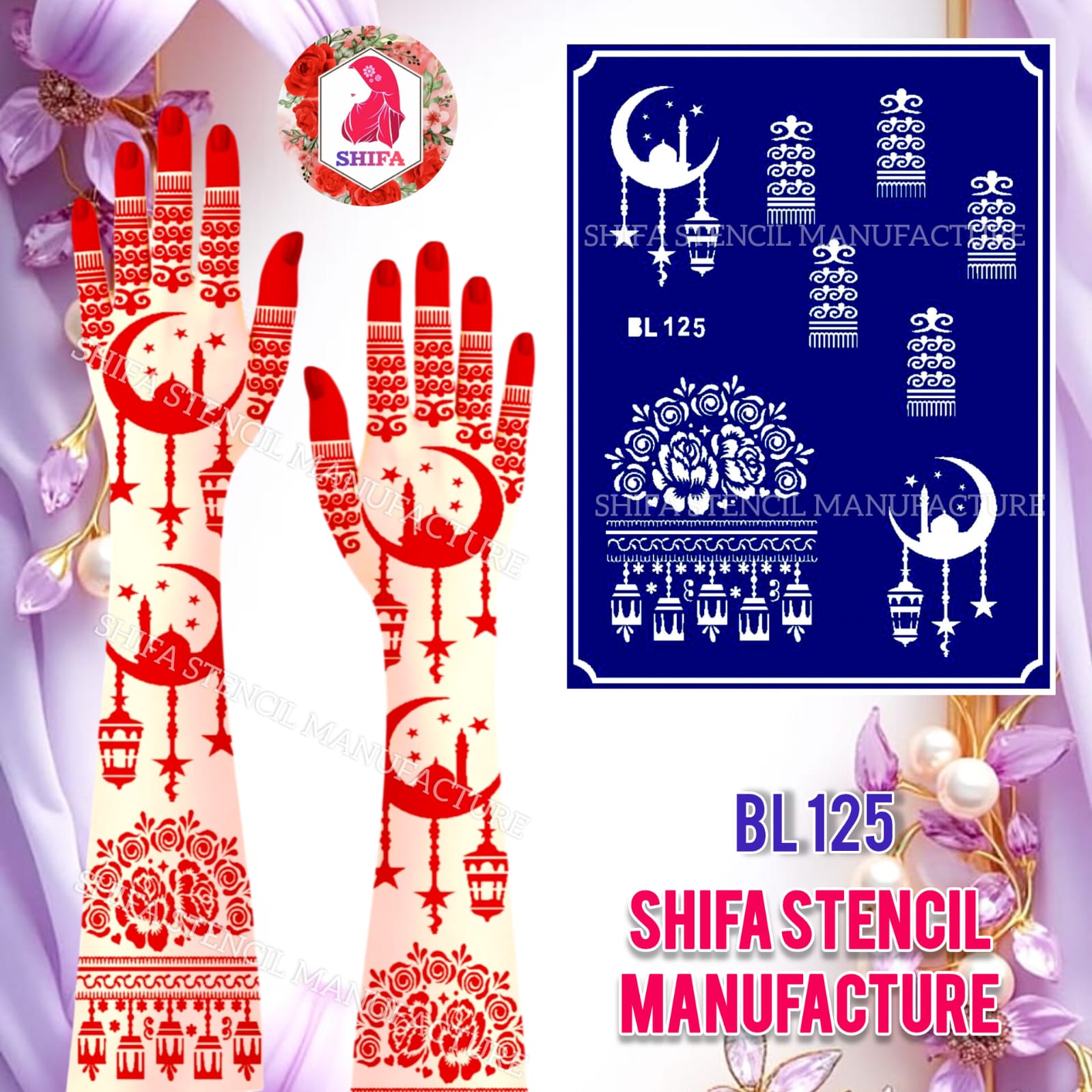 BL125 Floral Crescent Moon and Mosque Henna Sticker Overview Henna Stencil - Shifa Stencil